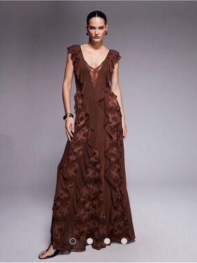 Afirm Brown Ruffled V-Neck Maxi Dress size medium orange